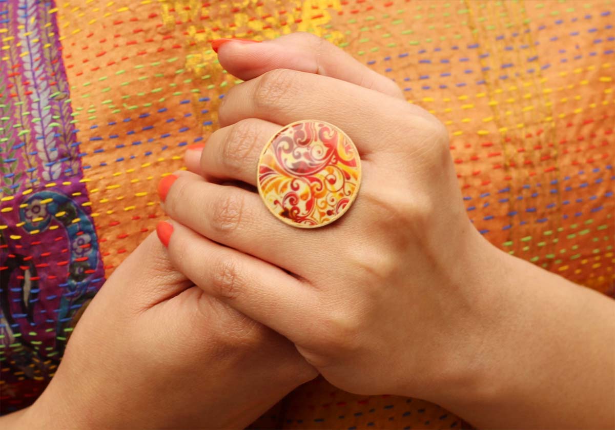Round Brass Statement Ring with Red Orange Paisley Pattern - Resizable - Women Accessories / Gifts for Her - Buy in Bulk Wholesale